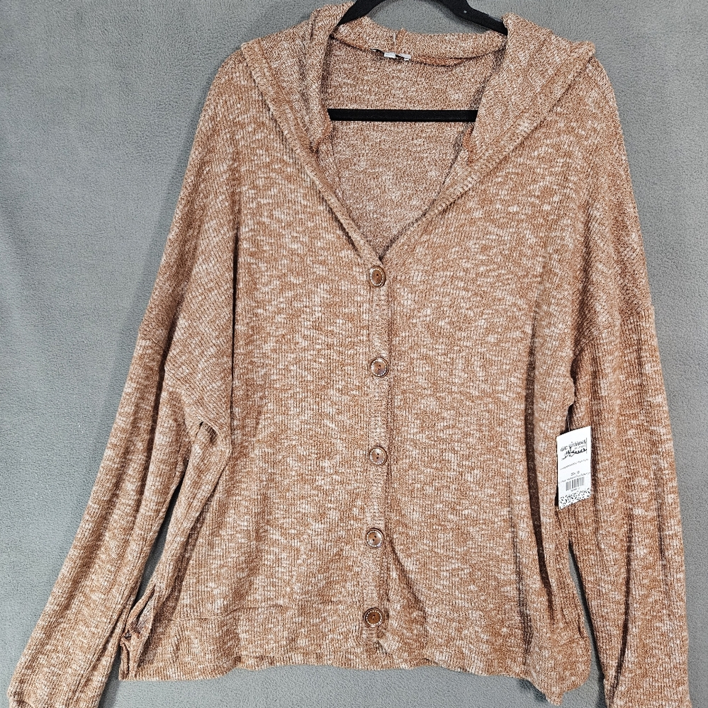 NWT White Birch Womens Plus 1X Rib Sweatshirt Brown Hooded Button Up